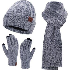 Women's Dark Blue Warm Knit Beanie Hat Touchscreen Gloves Long Neck Scarf Set